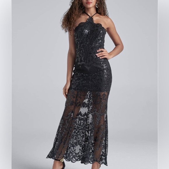 Sexy Black sequin dramatic sheer pattern black tie special occasion prom sz Med - Picture 2 of 11